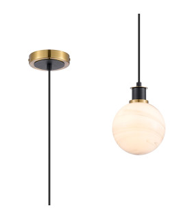 Plattsburgh 1.3m Pendant 1 Light E14 IP44 15cm Round White & Grey Marble Effect Glass Shade Brass & Satin Black Framework-1