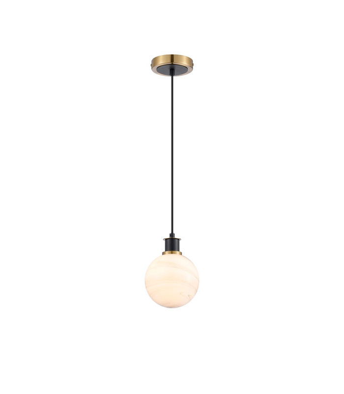 Plattsburgh 1.3m Pendant 1 Light E14 IP44 15cm Round White & Grey Marble Effect Glass Shade Brass & Satin Black Framework-4