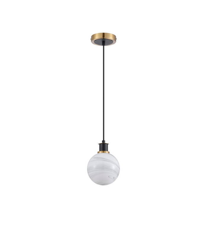 Plattsburgh 1.3m Pendant 1 Light E14 IP44 15cm Round White & Grey Marble Effect Glass Shade Brass & Satin Black Framework-5
