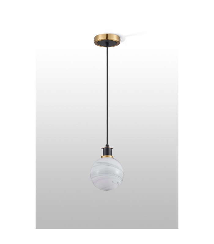 Plattsburgh 1.3m Pendant 1 Light E14 IP44 15cm Round White & Grey Marble Effect Glass Shade Brass & Satin Black Framework-8