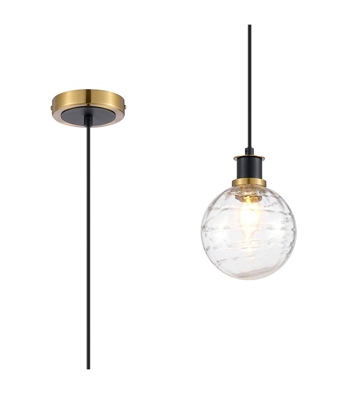 Plattsburgh 1.3m Pendant 1 Light E14 IP44 15cm Round Textured Melting Glass Shade Brass Clear & Satin Black-1