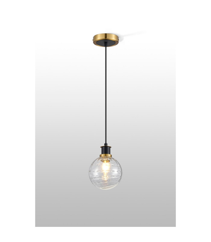 Plattsburgh 1.3m Pendant 1 Light E14 IP44 15cm Round Textured Melting Glass Shade Brass Clear & Satin Black-3