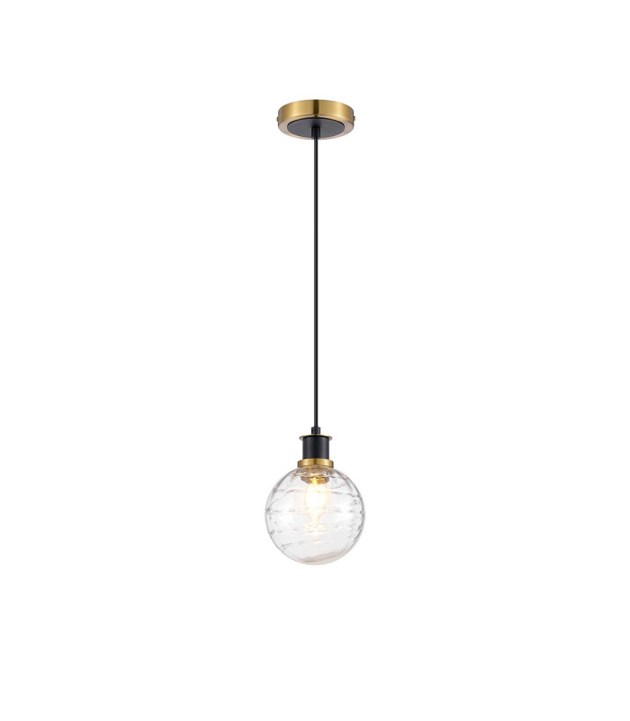 Plattsburgh 1.3m Pendant 1 Light E14 IP44 15cm Round Textured Melting Glass Shade Brass Clear & Satin Black-4
