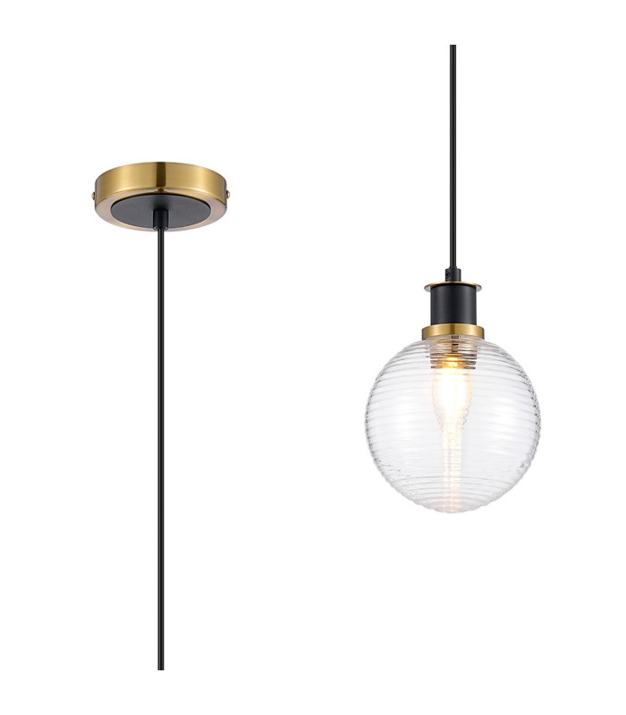 Plattsburgh 1.3m Pendant 1 Light E14 IP44 15cm Round Ribbed Glass Shade Brass Clear & Satin Black-1