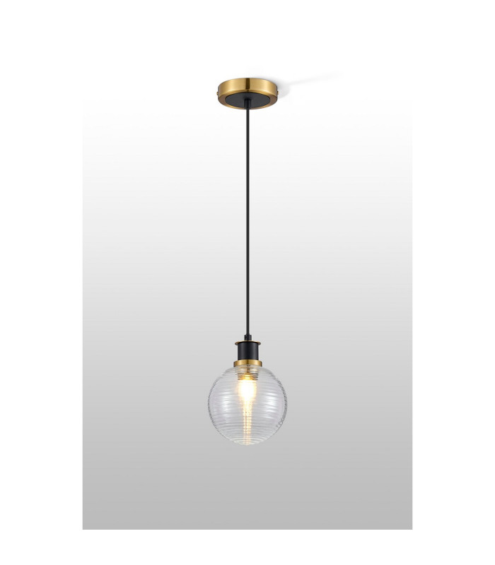 Plattsburgh 1.3m Pendant 1 Light E14 IP44 15cm Round Ribbed Glass Shade Brass Clear & Satin Black-3