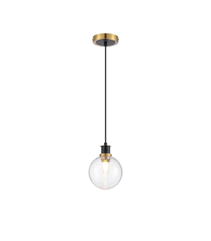 Plattsburgh 1.3m Pendant 1 Light E14 IP44 15cm Round Ribbed Glass Shade Brass Clear & Satin Black-4