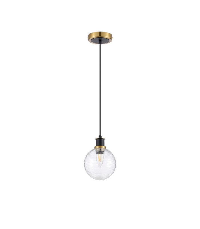 Plattsburgh 1.3m Pendant 1 Light E14 IP44 15cm Round Ribbed Glass Shade Brass Clear & Satin Black-5