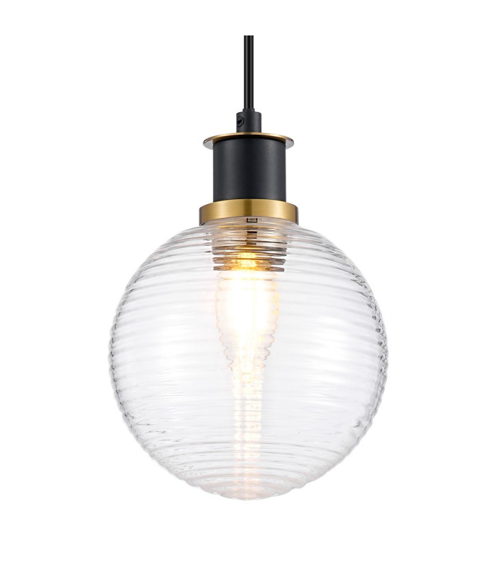 Plattsburgh 1.3m Pendant 1 Light E14 IP44 15cm Round Ribbed Glass Shade Brass Clear & Satin Black-7