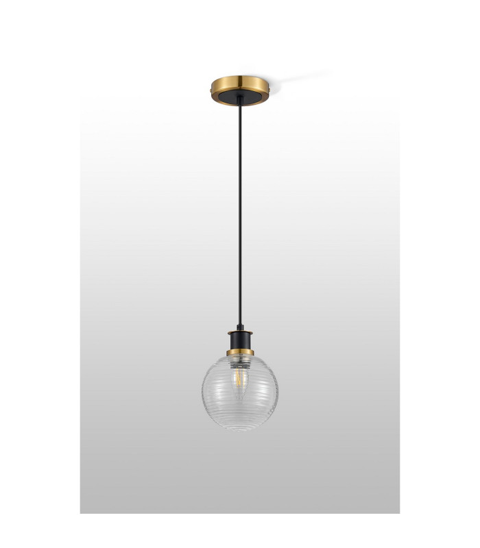 Plattsburgh 1.3m Pendant 1 Light E14 IP44 15cm Round Ribbed Glass Shade Brass Clear & Satin Black-8