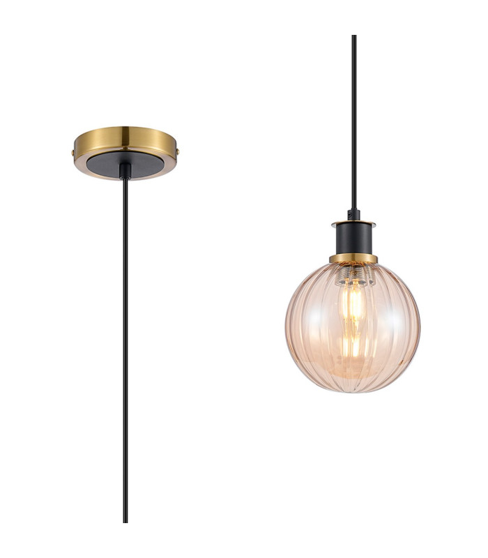 Plattsburgh 1.3m Pendant 1 Light E14 IP44 15cm Round Segment Glass Shade Brass Amber Plated & Satin Black-1