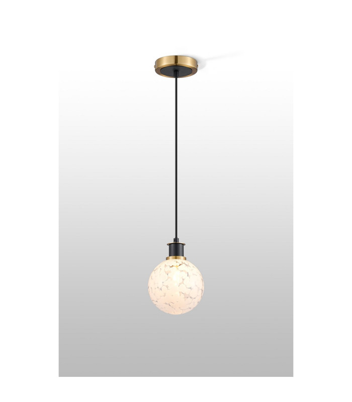 Plattsburgh 1.3m Pendant 1 Light E14 IP44 15cm Round Speckled Glass Shade Brass White & Satin Black-3