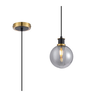 Plattsburgh 1.3m Pendant 1 Light E14 IP44 15cm Round Textured Smooth/Ribbed Glass Shade Brass Smoke Plated & Satin Black-1