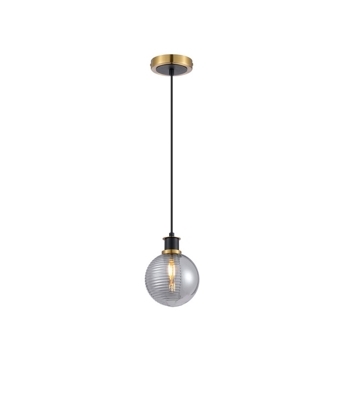 Plattsburgh 1.3m Pendant 1 Light E14 IP44 15cm Round Textured Smooth/Ribbed Glass Shade Brass Smoke Plated & Satin Black-5