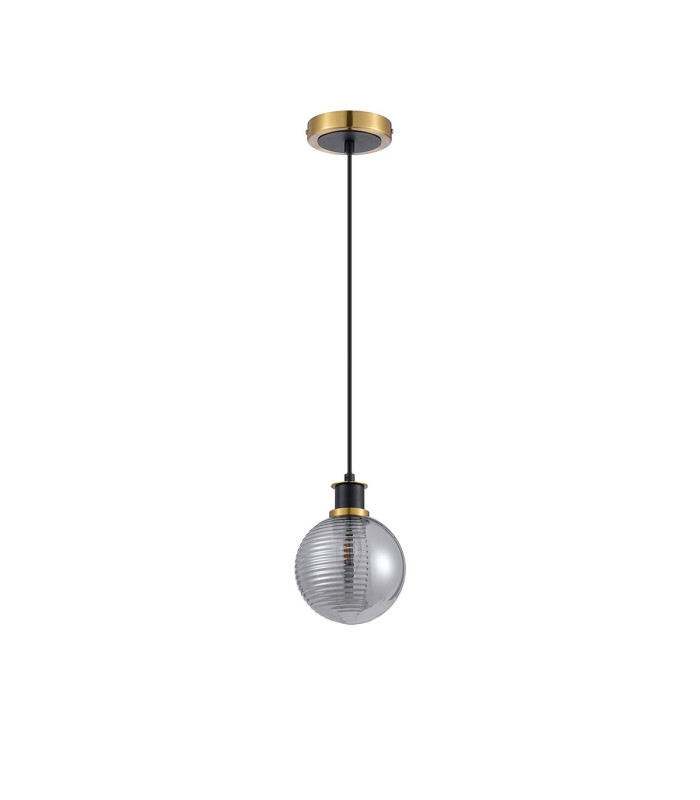 Plattsburgh 1.3m Pendant 1 Light E14 IP44 15cm Round Textured Smooth/Ribbed Glass Shade Brass Smoke Plated & Satin Black-6
