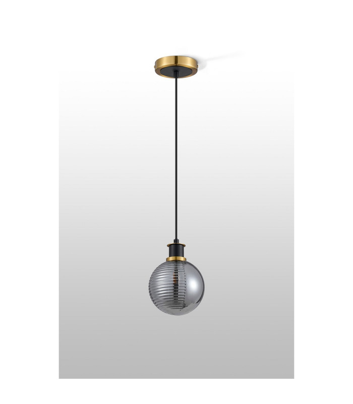Plattsburgh 1.3m Pendant 1 Light E14 IP44 15cm Round Textured Smooth/Ribbed Glass Shade Brass Smoke Plated & Satin Black-9