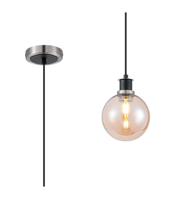 Plattsburgh 1.3m Pendant 1 Light E14 IP44 15cm Round Glass Shade Satin Nickel Amber Plated & Satin Black-1