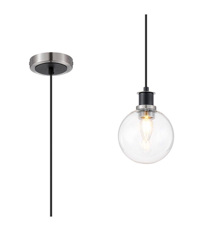 Plattsburgh 1.3m Pendant 1 Light E14 IP44 15cm Round Glass Shade Satin Nickel Clear & Satin Black-1