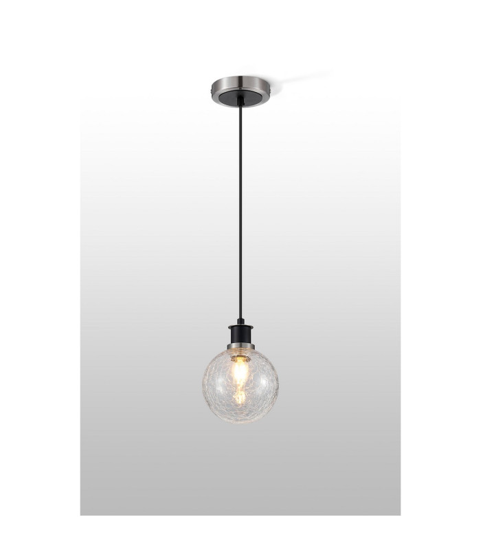 Plattsburgh 1.3m Pendant 1 Light E14 IP44 15cm Round Crackled Glass Shade Satin Nickel Clear & Satin Black-3