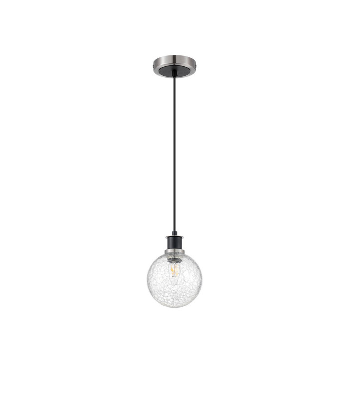Plattsburgh 1.3m Pendant 1 Light E14 IP44 15cm Round Crackled Glass Shade Satin Nickel Clear & Satin Black-5