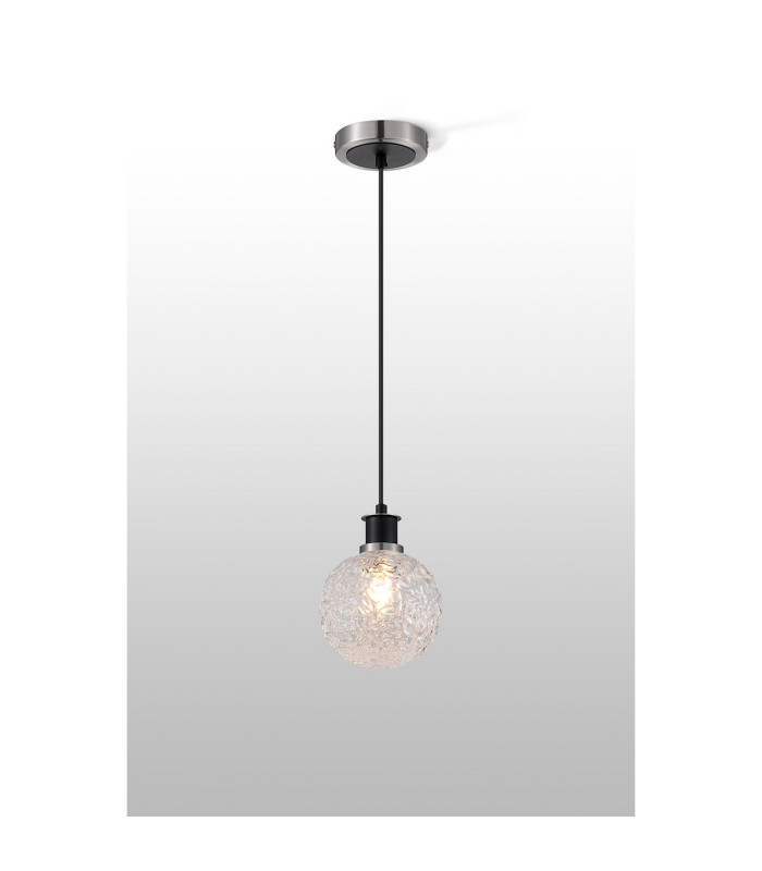 Plattsburgh 1.3m Pendant 1 Light E14 IP44 15cm Round Textured Crumple Glass Shade Satin Nickel Clear & Satin Black-3