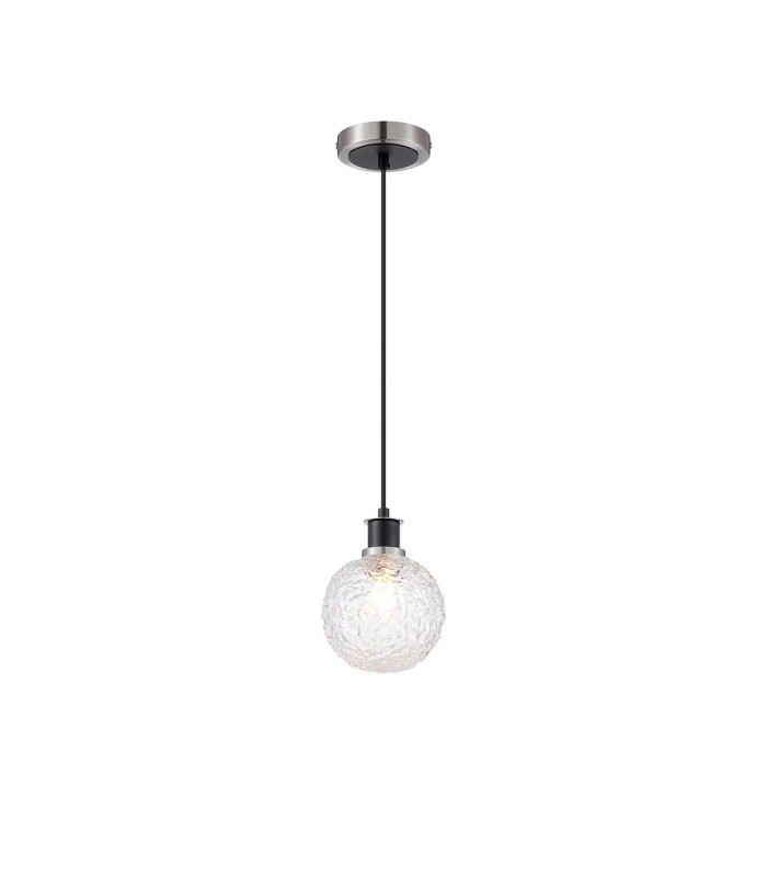 Plattsburgh 1.3m Pendant 1 Light E14 IP44 15cm Round Textured Crumple Glass Shade Satin Nickel Clear & Satin Black-4
