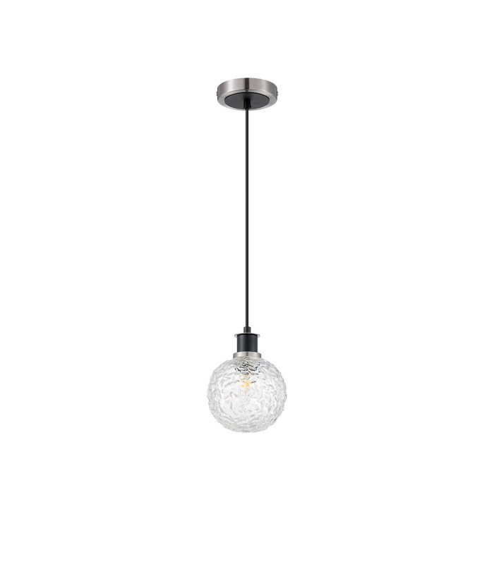 Plattsburgh 1.3m Pendant 1 Light E14 IP44 15cm Round Textured Crumple Glass Shade Satin Nickel Clear & Satin Black-5
