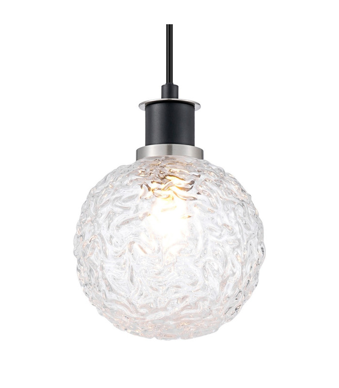 Plattsburgh 1.3m Pendant 1 Light E14 IP44 15cm Round Textured Crumple Glass Shade Satin Nickel Clear & Satin Black-7