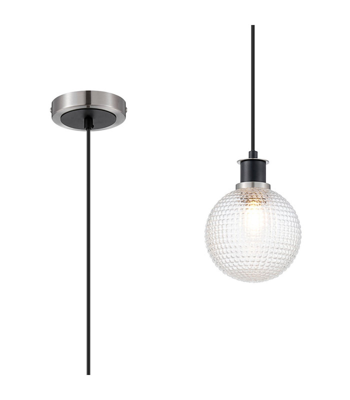 Plattsburgh 1.3m Pendant E14 IP44 15cm Round Textured Diamond Pattern Glass Shade Satin Nickel Clear & Satin Black-1