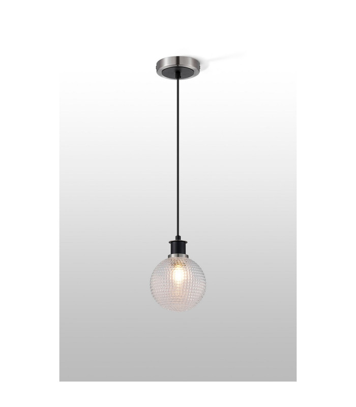 Plattsburgh 1.3m Pendant E14 IP44 15cm Round Textured Diamond Pattern Glass Shade Satin Nickel Clear & Satin Black-3