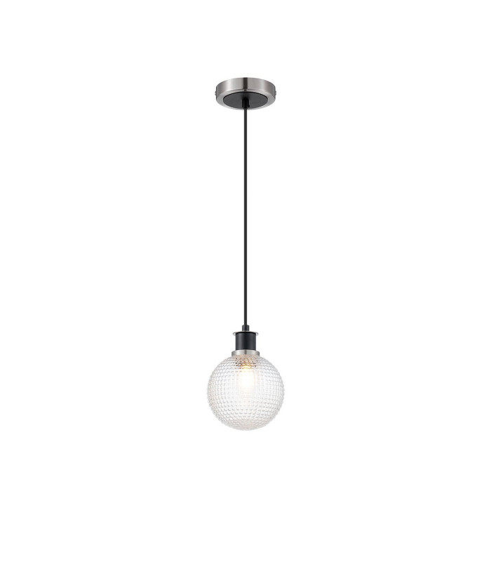 Plattsburgh 1.3m Pendant E14 IP44 15cm Round Textured Diamond Pattern Glass Shade Satin Nickel Clear & Satin Black-4