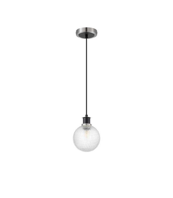 Plattsburgh 1.3m Pendant E14 IP44 15cm Round Textured Diamond Pattern Glass Shade Satin Nickel Clear & Satin Black-5