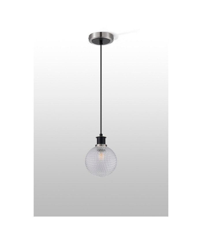 Plattsburgh 1.3m Pendant E14 IP44 15cm Round Textured Diamond Pattern Glass Shade Satin Nickel Clear & Satin Black-8