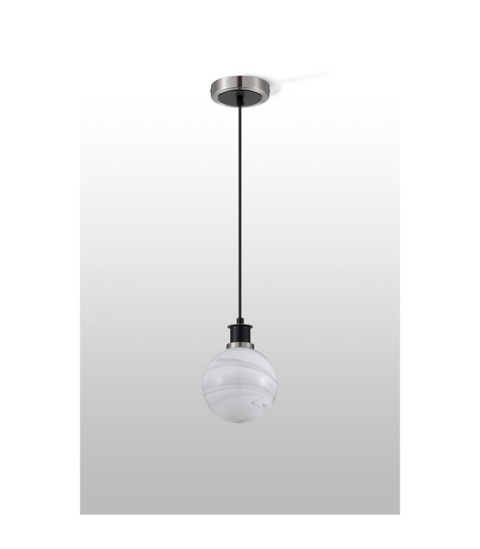 Plattsburgh 1.3m Pendant E14 IP44 15cm Round White & Grey Marble Effect Glass Shade Satin Nickel & Satin Black Framework-8