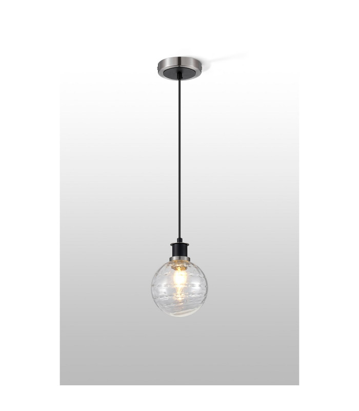 Plattsburgh 1.3m Pendant 1 Light E14 IP44 15cm Round Textured Melting Glass Shade Satin Nickel Clear & Satin Black-3