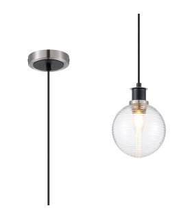 Plattsburgh 1.3m Pendant 1 Light E14 IP44 15cm Round Ribbed Glass Shade Satin Nickel Clear & Satin Black-1