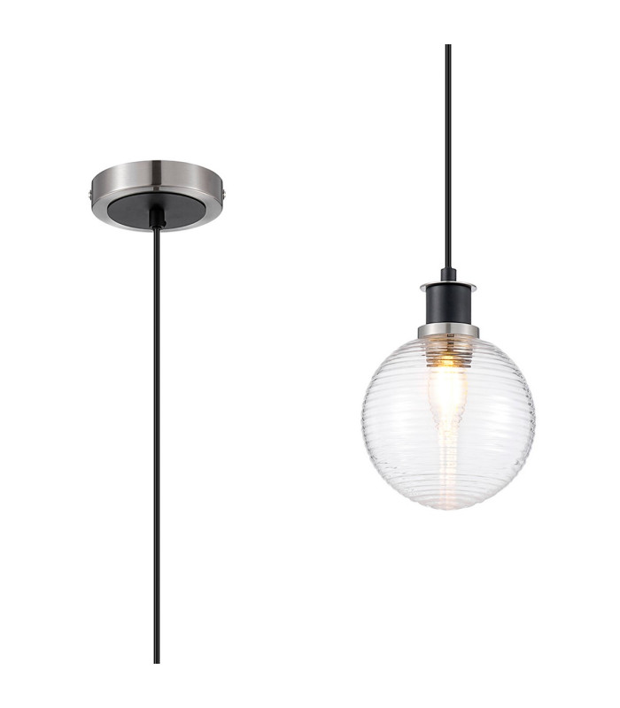 Plattsburgh 1.3m Pendant 1 Light E14 IP44 15cm Round Ribbed Glass Shade Satin Nickel Clear & Satin Black-1