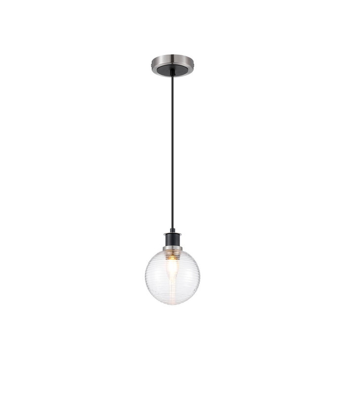 Plattsburgh 1.3m Pendant 1 Light E14 IP44 15cm Round Ribbed Glass Shade Satin Nickel Clear & Satin Black-4