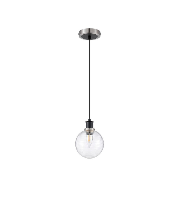 Plattsburgh 1.3m Pendant 1 Light E14 IP44 15cm Round Ribbed Glass Shade Satin Nickel Clear & Satin Black-5