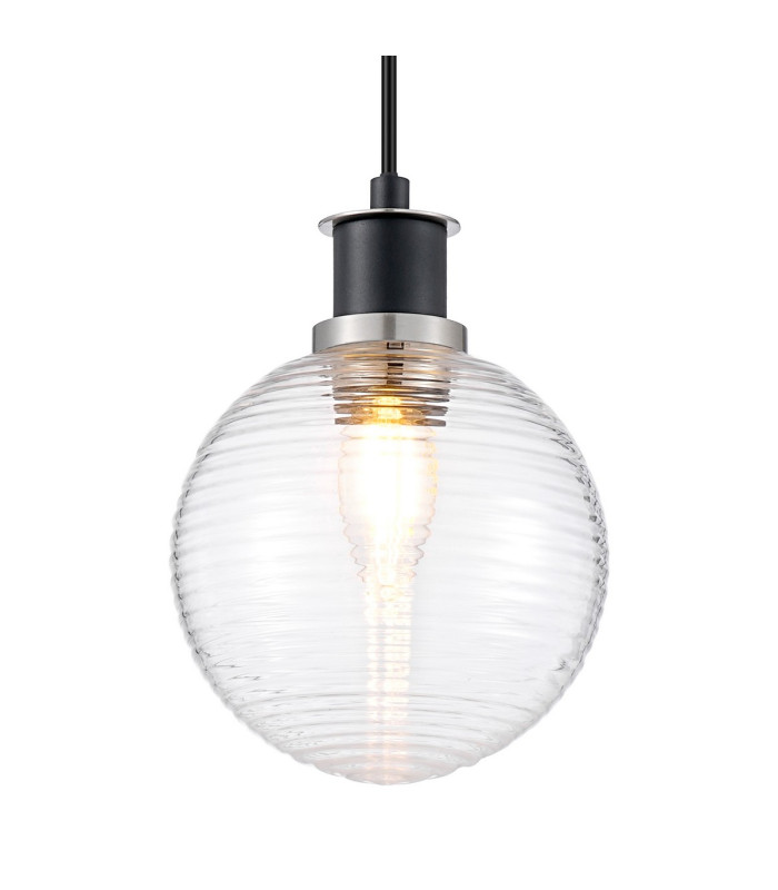 Plattsburgh 1.3m Pendant 1 Light E14 IP44 15cm Round Ribbed Glass Shade Satin Nickel Clear & Satin Black-7