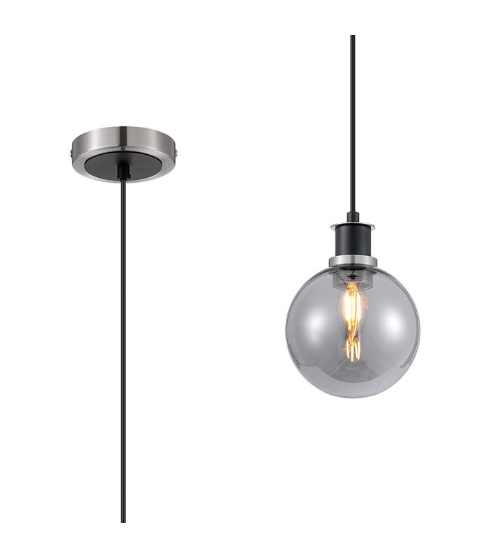 Plattsburgh 1.3m Pendant 1 Light E14 IP44 15cm Round Glass Shade Satin Nickel Smoke Plated & Satin Black-1