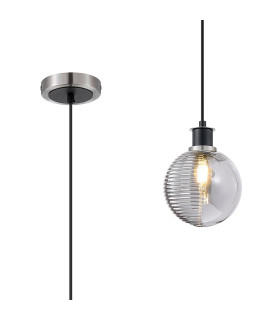 Plattsburgh 1.3m Pendant E14 IP44 15cm Round Textured Smooth/Ribbed Glass Shade Satin Nickel Smoke Plated & Satin Black-1