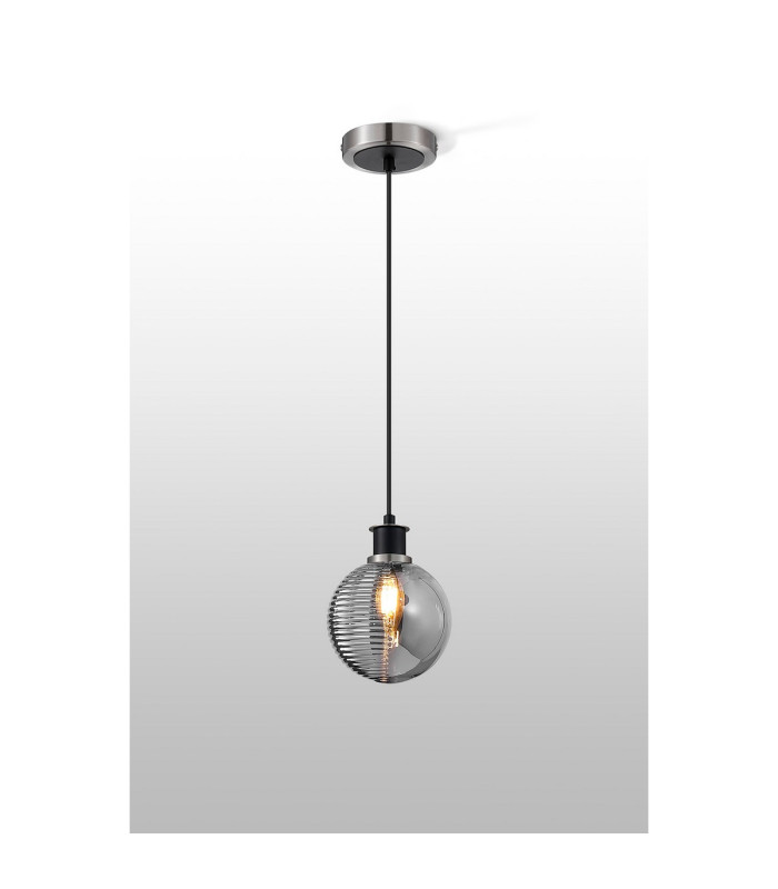 Plattsburgh 1.3m Pendant E14 IP44 15cm Round Textured Smooth/Ribbed Glass Shade Satin Nickel Smoke Plated & Satin Black-3