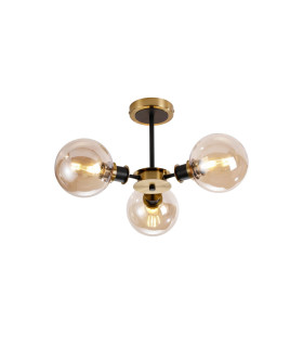 Plattsburgh Semi Ceiling 3 Light E14 IP44 15cm Round Glass Shade Brass Amber Plated & Satin Black-1