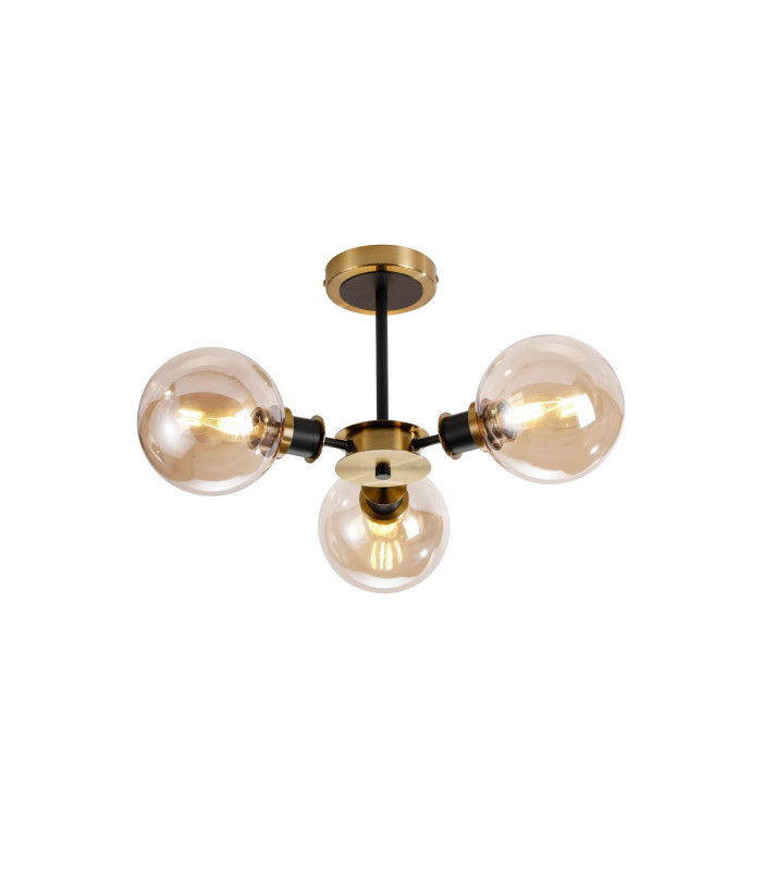 Plattsburgh Semi Ceiling 3 Light E14 IP44 15cm Round Glass Shade Brass Amber Plated & Satin Black-1