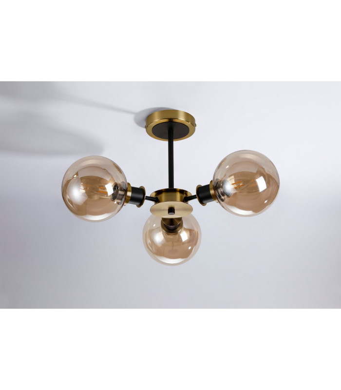 Plattsburgh Semi Ceiling 3 Light E14 IP44 15cm Round Glass Shade Brass Amber Plated & Satin Black-8