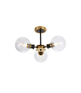 Plattsburgh Semi Ceiling 3 Light E14 IP44 15cm Round Glass Shade Brass Clear & Satin Black-1