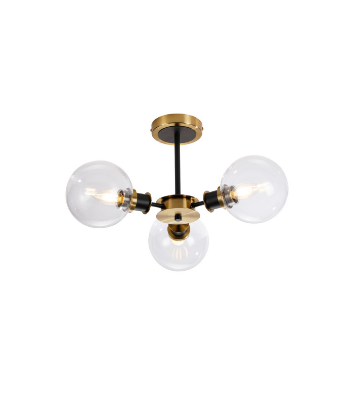 Plattsburgh Semi Ceiling 3 Light E14 IP44 15cm Round Glass Shade Brass Clear & Satin Black-1