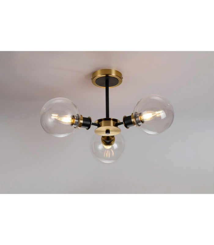 Plattsburgh Semi Ceiling 3 Light E14 IP44 15cm Round Glass Shade Brass Clear & Satin Black-3