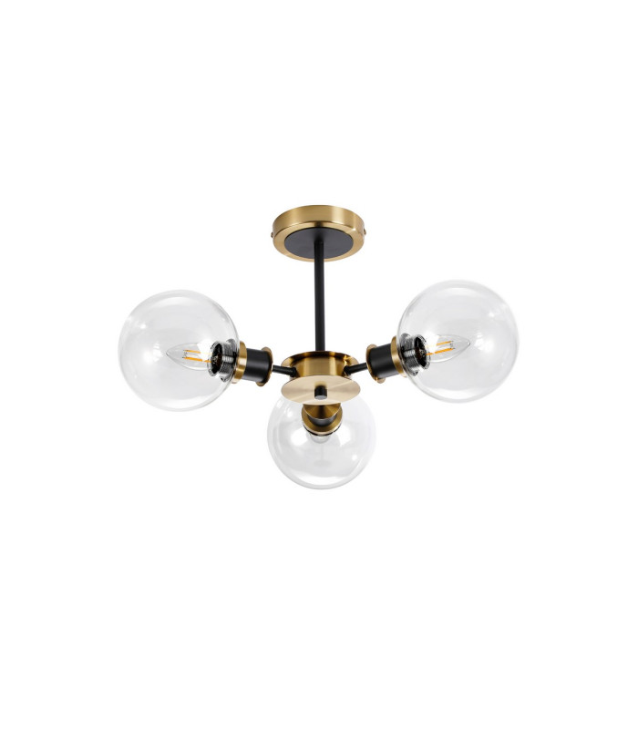 Plattsburgh Semi Ceiling 3 Light E14 IP44 15cm Round Glass Shade Brass Clear & Satin Black-4