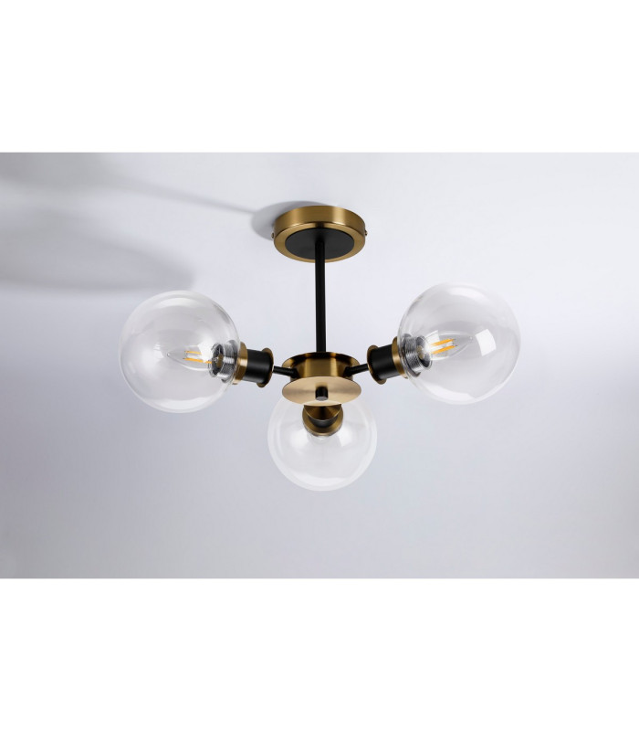 Plattsburgh Semi Ceiling 3 Light E14 IP44 15cm Round Glass Shade Brass Clear & Satin Black-8